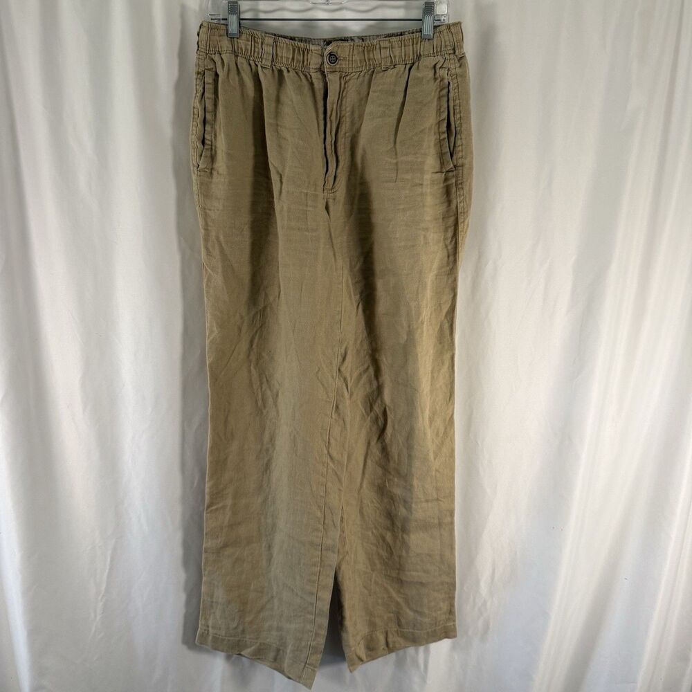 28 Palms Linen Pants Men's 32 Khaki Button Zip Drawstring Slash Pocket